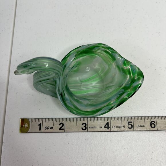 Vintage Art Glass Swan Bowl Hand Blown Green Dish Mid Century Mod Tiny 6 Inch - Picture 6 of 8